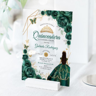Quinceanera Emerald Green Dress Gold Acrylic Invitations