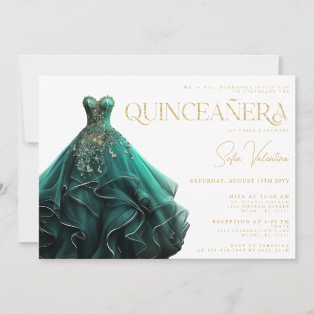 Quinceañera Emerald Green Dress Gown Gold Princess Invitation (Front)
