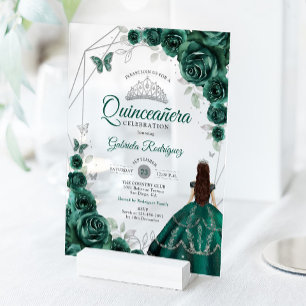 Quinceanera Emerald Green Dress Silver Acrylic Invitations