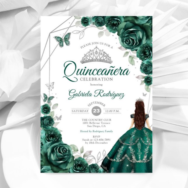 Quinceanera Emerald Green Dress Silver Invitation (Creator Uploaded)
