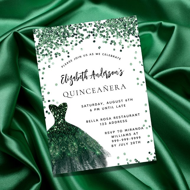Quinceanera emerald green dress white invitation postcard (Creator Uploaded)