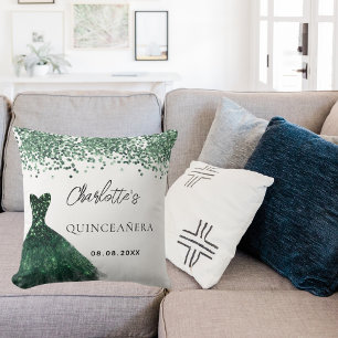 Quinceanera emerald green dress white name cushion