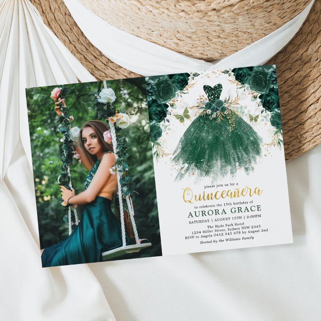 Quinceañera Emerald Green Enchanted Forest Floral Invitation (Creator Uploaded)