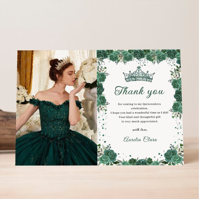 Quinceañera Emerald Green Floral Birthday  Thank You Card (Creator Uploaded)