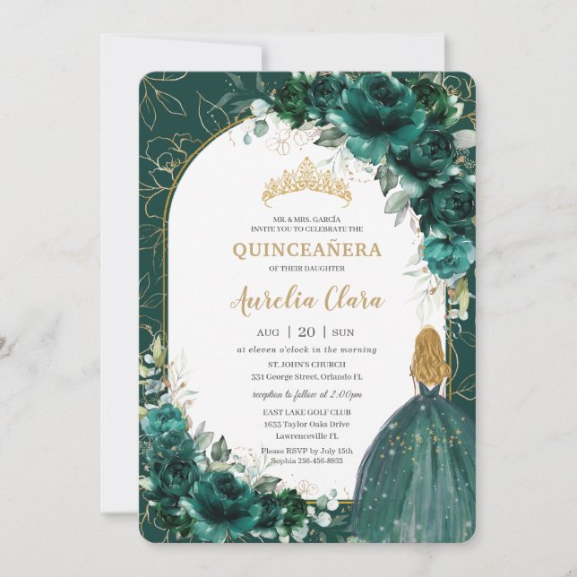 Quinceañera Emerald Green Floral Blonde Princess Invitation (Front)