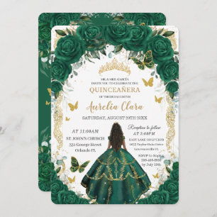 Quinceañera Emerald Green Floral Brown Princess Invitation