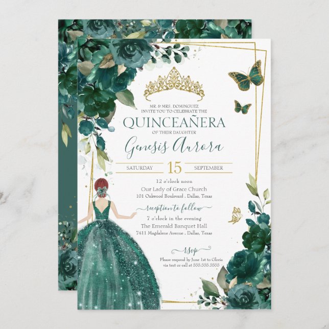 Quinceañera Emerald Green Floral Butterflies Dress Invitation (Front/Back)