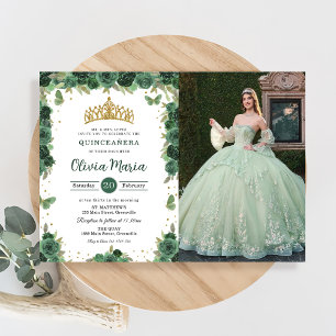 Quinceañera Emerald Green Floral Butterflies Photo Invitation