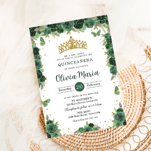Quinceañera Emerald Green Floral Butterflies Tiara Invitation