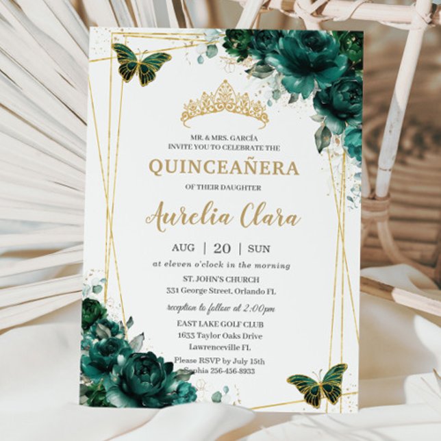 Quinceañera Emerald Green Floral Butterflies Tiara Invitation (Creator Uploaded)