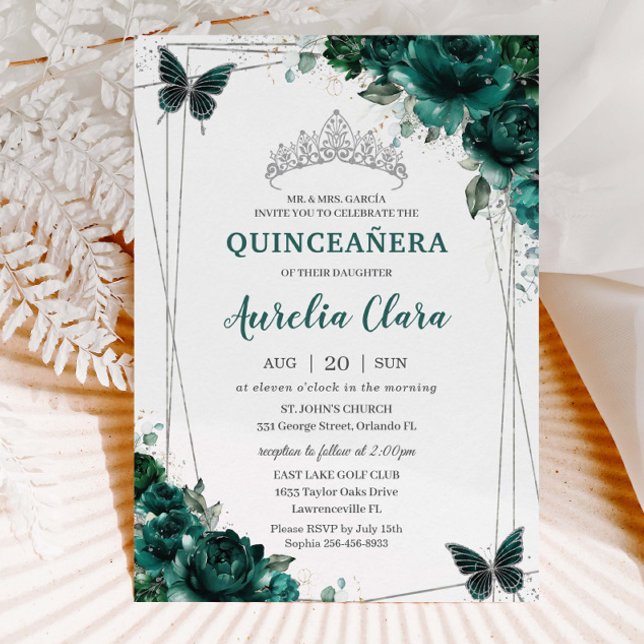 Quinceañera Emerald Green Floral Butterflies Tiara Invitation (Creator Uploaded)