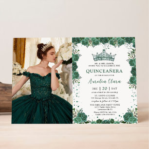 Quinceañera Emerald Green Floral Crown Birthday Invitation