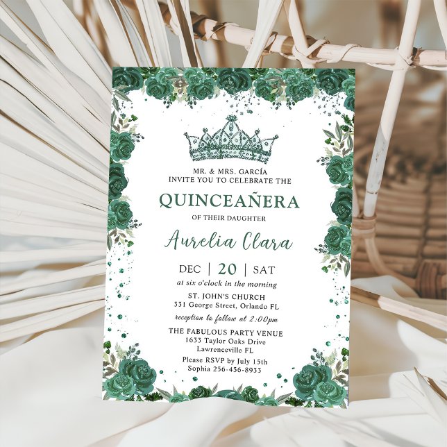 Quinceañera Emerald Green Floral Crown Birthday Invitation (Creator Uploaded)