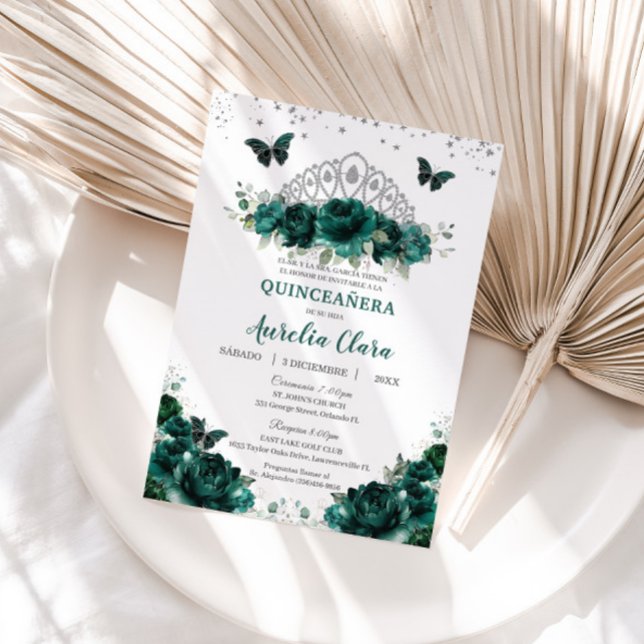 Quinceañera Emerald Green Floral Crown Español Invitation (Creator Uploaded)