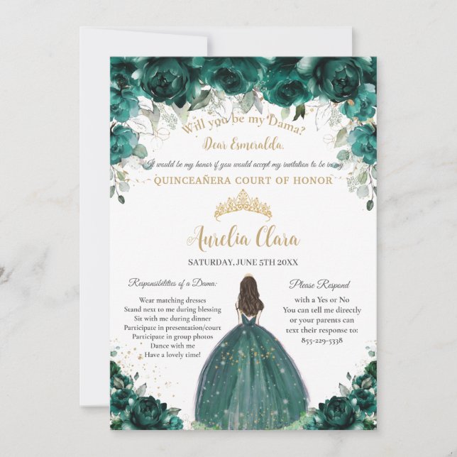Quinceañera Emerald Green Floral Dama Request  Invitation (Front)