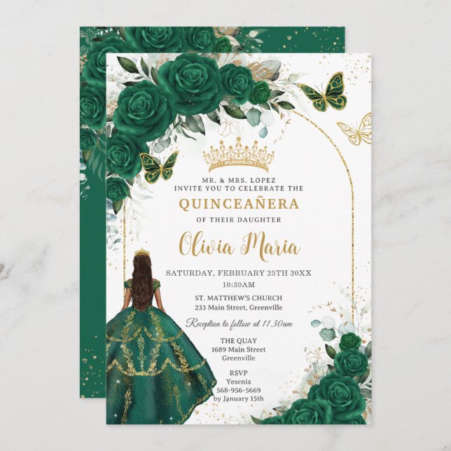 Quinceañera Emerald Green Floral Gold Butterflies  Invitation (Front/Back)