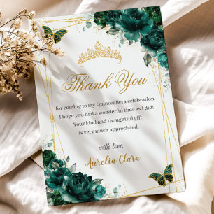 Quinceañera Emerald Green Floral Gold Butterflies Thank You Card