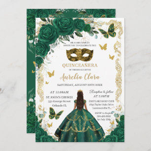 Quinceañera Emerald Green Floral Gold Masquerade  Invitation