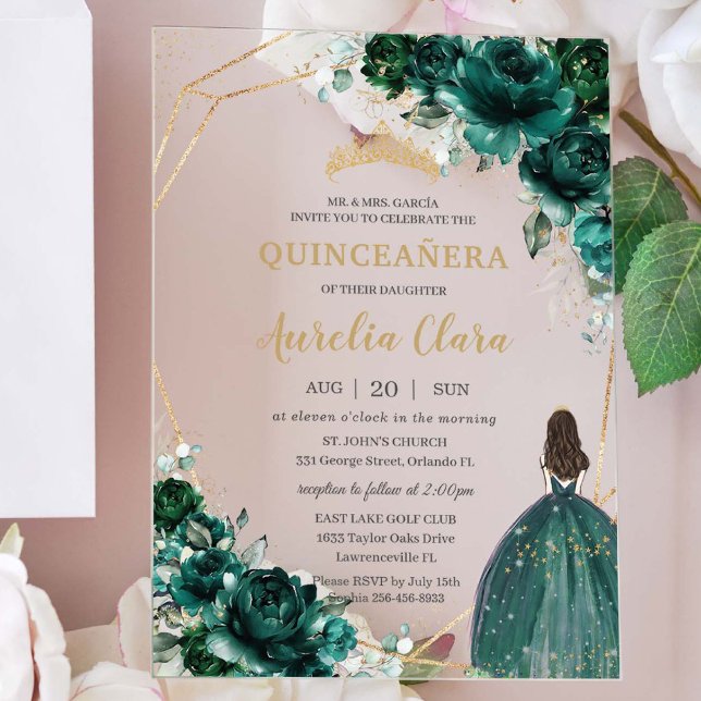 Quinceañera Emerald Green Floral Gold Princess Acrylic Invitations (Creator Uploaded)