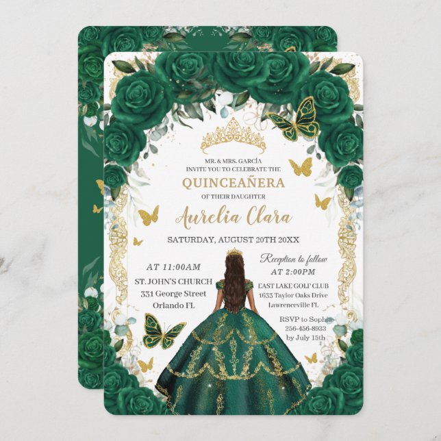 Quinceañera Emerald Green Floral Gold Princess  In Invitation (Front/Back)
