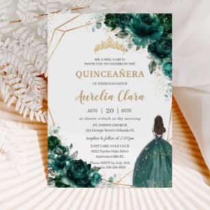 Quinceañera Emerald Green Floral Gold Princess Inv Invitation