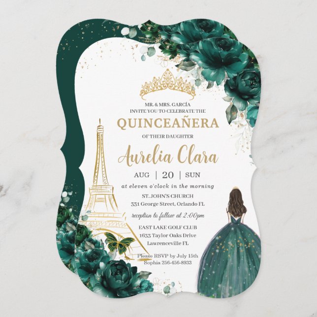 Quinceañera Emerald Green Floral Paris Gold Crown Invitation (Front/Back)