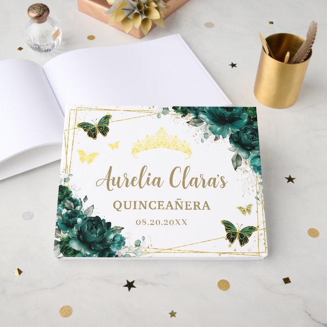 QUINCEAÑERA Emerald Green Floral Roses Butterflies Guest Book (Front Open)