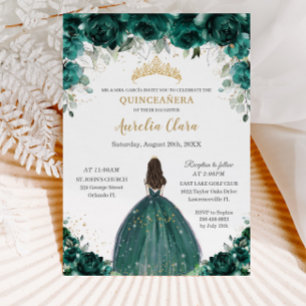 Quinceañera Emerald Green Floral Tiara Princess Invitation