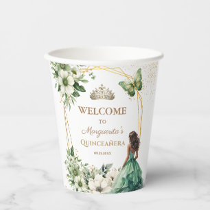 Quinceañera Emerald Green Girl Floral Butterfly Paper Cups