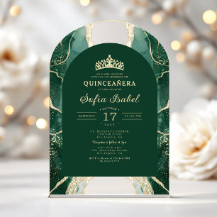 Quinceañera Emerald Green Gold Agate Elegant Acrylic Invitations