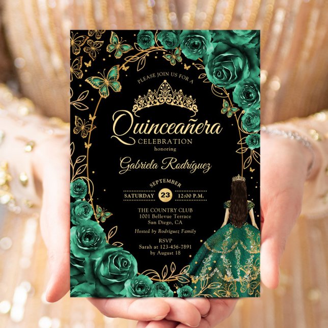 Quinceanera Emerald Green Gold Black Invitation (Creator Uploaded)