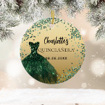 Quinceanera emerald green gold dress ceramic tree decoration<br><div class="desc">For an elegant Quinceañera,  15th birthday.  A faux gold looking background. Decorated with an emerald green dress and green confetti. Personalise and add a name and a date.</div>