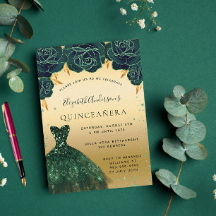 Quinceanera emerald green gold dress floral luxury invitation