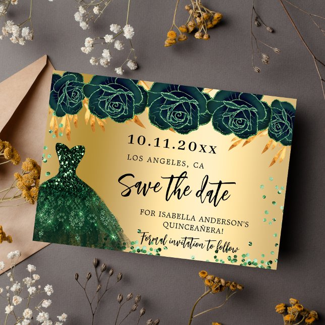 Quinceanera emerald green gold dress flowers save the date (Creator Uploaded)