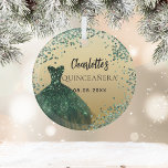 Quinceanera emerald green gold dress glass tree decoration<br><div class="desc">For an elegant Quinceañera,  15th birthday.  A faux gold looking background. Decorated with an emerald green dress and green confetti. Personalise and add a name and a date.</div>