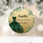 Quinceanera emerald green gold dress metal tree decoration<br><div class="desc">For an elegant Quinceañera,  15th birthday.  A faux gold looking background. Decorated with an emerald green dress and green confetti. Personalise and add a name and a date.</div>