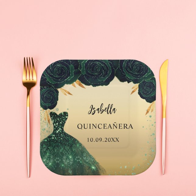 Quinceanera emerald green gold dress paper plate (Creator Uploaded)