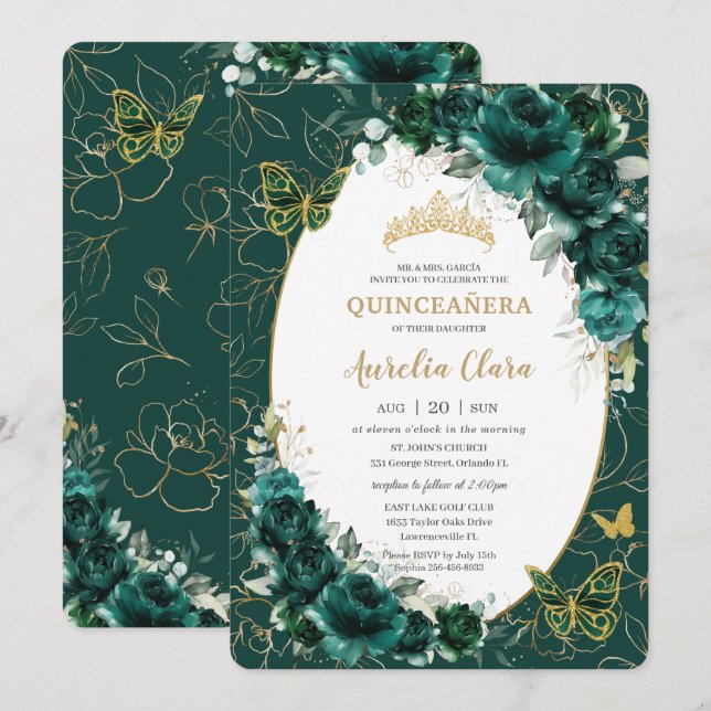 Quinceañera Emerald Green Gold Floral Butterflies Invitation (Front/Back)