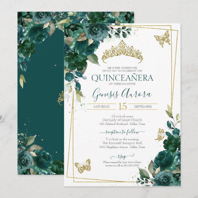 Quinceañera Emerald Green Gold Floral Butterfly Invitation (Front/Back)