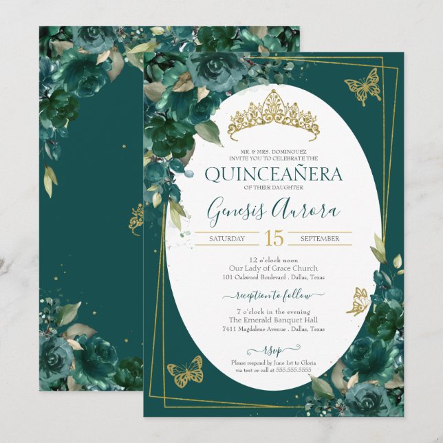 Quinceañera Emerald Green & Gold Floral Butterfly Invitation (Front/Back)