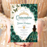 Quinceanera Emerald Green Gold Floral Invitation<br><div class="desc">Emerald green,  gold and white Quinceanera celebration invitation. Features brunette girl in ball gown dress,  script font,  gold butterflies,  watercolor roses and tiara. Perfect for an elegant princess style glam celebration. Personalize with your own details. Printed Zazzle invitations or instant download digital printable template.</div>