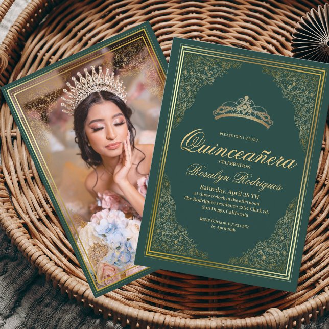 Quinceanera emerald green gold Princess Tiara Invitation (Creator Uploaded)