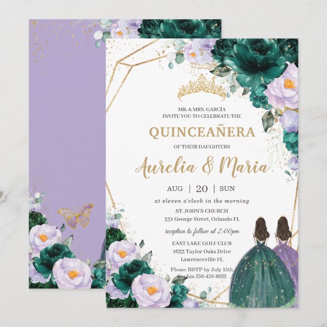 Quinceañera Emerald Green Lilac Floral Roses Twins Invitation (Front/Back)