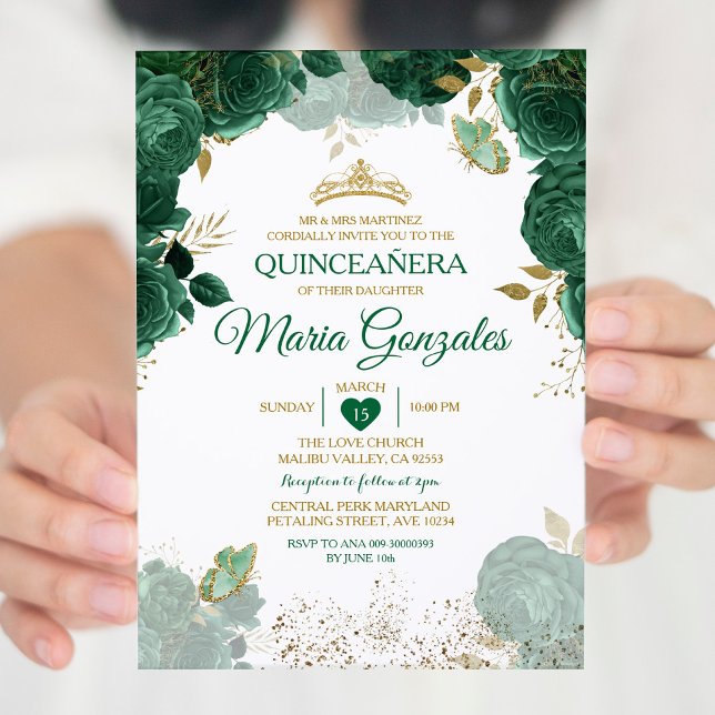 Quinceañera Emerald Green Mexican Butterfly Invitation (Creator Uploaded)