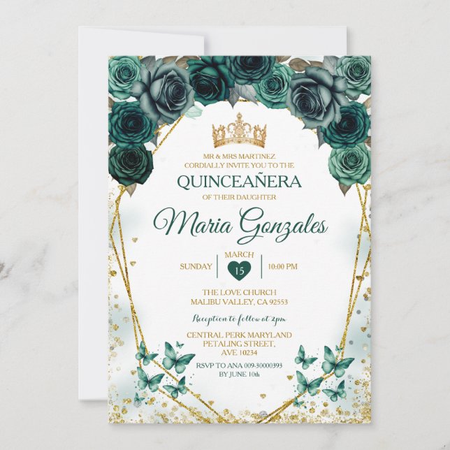 Quinceañera Emerald Green Mexican Butterfly Invitation (Front)