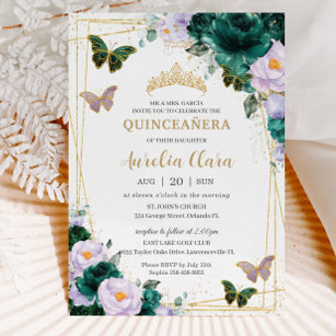 Quinceañera Emerald Green Purple Floral Butterfly Invitation