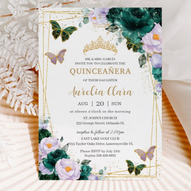 Quinceañera Emerald Green Purple Floral Butterfly Invitation (Creator Uploaded)