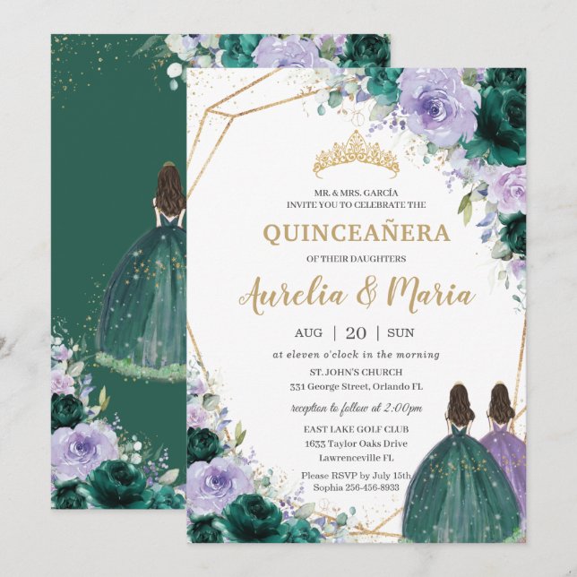 Quinceañera Emerald Green Purple Floral Twins  Invitation (Front/Back)