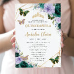 Quinceañera Emerald Green Purple Lilac Floral  Invitation<br><div class="desc">Personalise this lovely quinceañera invitation with own wording easily and quickly,  simply press the customise it button to further re-arrange and format the style and placement of the text.  Matching items available in store!  (c) The Happy Cat Studio</div>