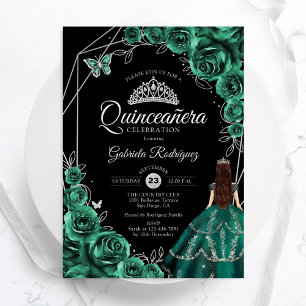 Quinceanera Emerald Green Silver Dress Floral Invitation